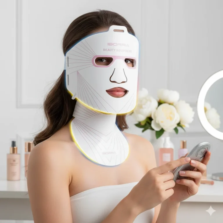 Mujer usando máscara LED para cara y cuello al mismo tiempo.