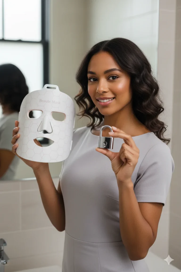 Mujer mostrando máscara LED facial y candado como símbolo de seguridad y contraindicaciones de la luz LED facial.
