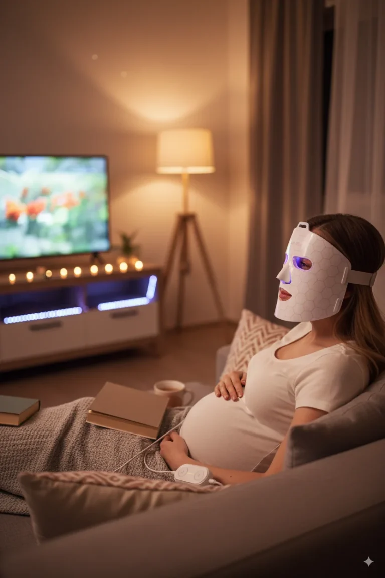 Mujer embarazada usando una máscara de LED facial en embarazo y lactancia desde casa.