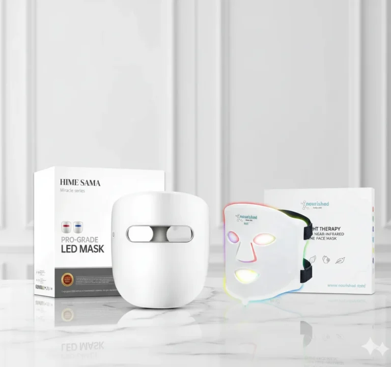 Máscara LED facial de silicona vs rígida en comparación sobre mesa