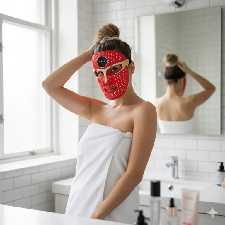 Mujer en baño usando máscara roja de terapia LED facial.